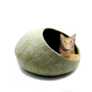Felt Cat Cave - Wide Opening Pet Bed - Kitten House - Wool Dome Cave - Premium Quality Kitty Basket - Large Pet Bed