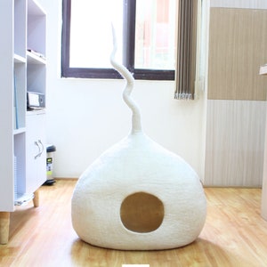 Large White Felt Cat Cave - Cuddly Cat Beds - Wool Bed, House, Den - Premium Wool Cave - Gift