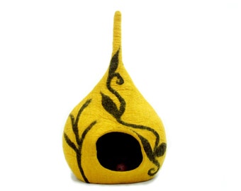 Yellow Felt Cat Cave – Modern Pet Bed with Black Flower Design