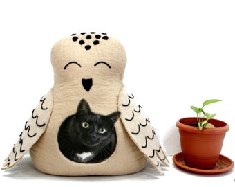 Wool Felted Cat Bed – Beige Owl Design, Pet Cave