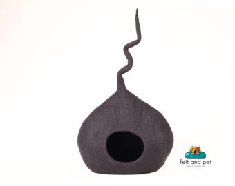 Ash Grey Wool Cat House With Tail, Handmade Cat Cave Using 100% Pure & Natural Wool, AZO Free, Soft And Cozy Pet Bed