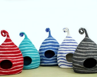 Striped Felt Cat Cave - Handmade Wool Pet Bed