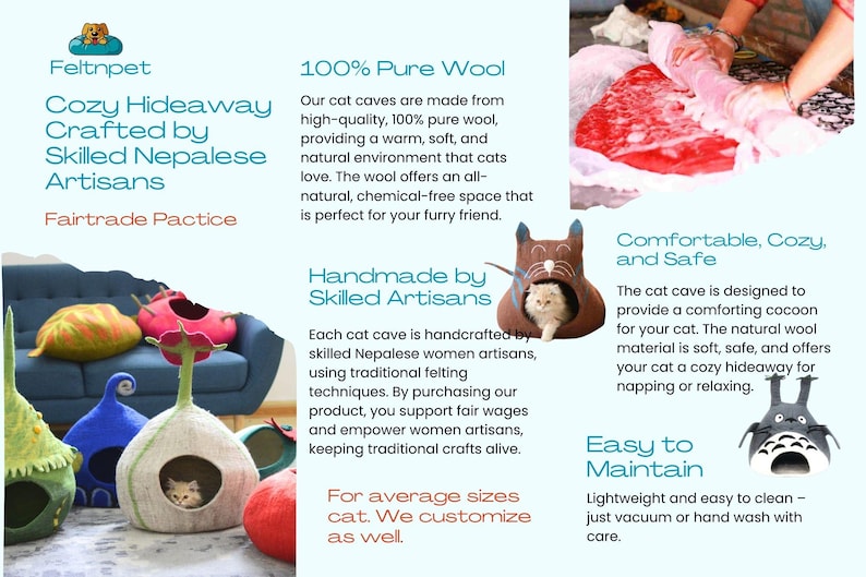 May include: A variety of handmade cat caves in different shapes and colors, crafted from 100% pure wool. The image shows a cozy hideaway designed by skilled Nepalese artisans, with text that reads "Cozy Hideaway Crafted by Skilled Nepalese Artisans."