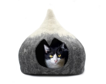 Snowy Mountain Cat Cave- Wool Cat House- Pet Bedding- Premium Nap Cocoon- Woolen Cat House- Gift For Pet Lover- 100% Pure And Natural Wool