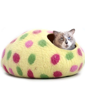 Polka Dot Wool Cat Bed - Handmade Felt Cat House- Modern Pet Furniture-  Yellow Fuzzy Pet Bed- Kitty House - Handmade in Nepal