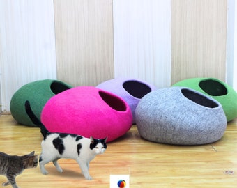 Colorful Felt Cat Cave – Hand-felted New Zealand Wool Pet Bed