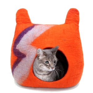 Felt Cat Cave - Eco-Friendly Pet  Bed - Orange Cat Cave with Thunder Stripes - Perfect Pet Lover Gift