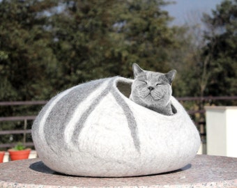 Hand-Felted Wool Cat Cave – Grey and White Striped Cocoon Bed