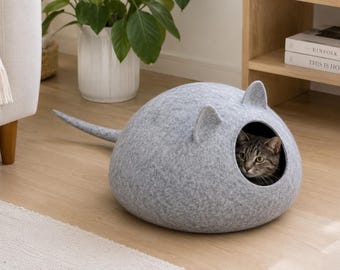 Gray Mouse Shaped Felt Cat Cave| Eco-Friendly Wool Pet Bed | Comfortable Cat Hideout
