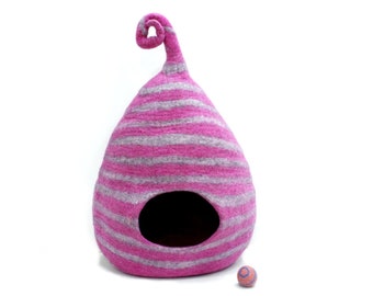 Felt Pink Cat Cave With Gray Stripes - Puppy Bed - Modern Cat Bed - Kitty Warmer - Pet Vessel - Pet Lovers Gift