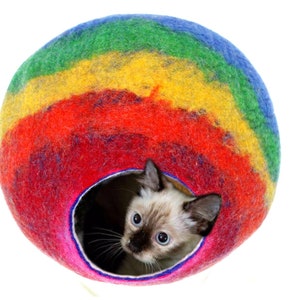 Rainbow Wool Felted Cat Cave - Woolen Pet Bed Handmade In Nepal