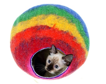 Rainbow Wool Felted Cat Cave – Cozy Pet Bed, Handmade in Nepal
