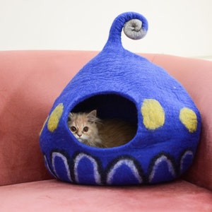 soft-and-durable-blue-cat-cav, bed for cats, outdoor cat cave, cozy cave cat bed, wooly cave for cats, felt cat bed cave, cat cave tunnel, etsy cat cave, wool cat house, wool cat cave bed, modern cat cave, cozy cat bed cave, cute cat cave, best cat