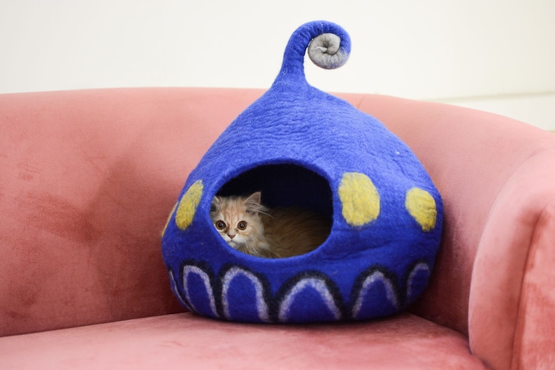 soft-and-durable-blue-cat-cav, bed for cats, outdoor cat cave, cozy cave cat bed, wooly cave for cats, felt cat bed cave, cat cave tunnel, etsy cat cave, wool cat house, wool cat cave bed, modern cat cave, cozy cat bed cave, cute cat cave, best cat