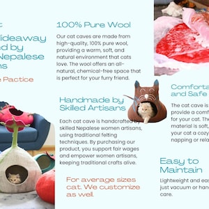 May include: Handmade felt cat caves made from 100% pure wool. The caves are crafted by skilled Nepalese artisans using traditional felting techniques. The text reads "Cozy Hideaway Crafted by Skilled Nepalese Artisans Fairtrade Practice".