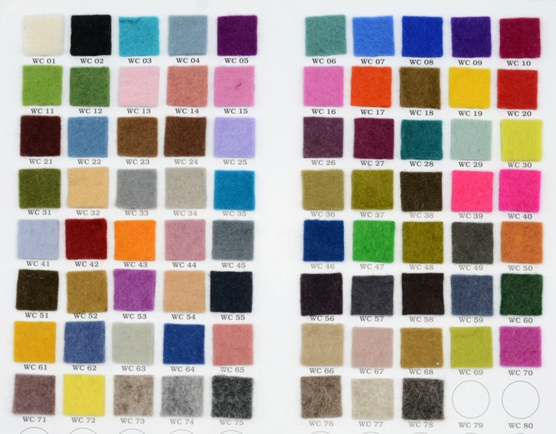 May include: A color chart with 80 different felt fabric swatches. Each swatch is labeled with a code, such as "WC 01" and "WC 80".
