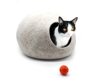 Wool  Felt Cat Cave - Natural Grey Cat Bed - Furniture For Your Pet - Wool Pet Bed