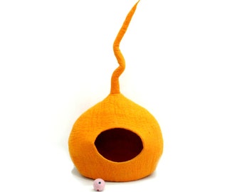 Orange Felted Cat Cave - Handmade Pet Bed - Cat Lovers Gift
