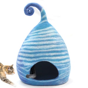 Handmade Felt Cat Cave – Blue Striped Wool Pet Bed