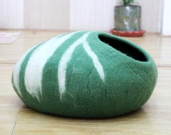 Casa de lana verde para gatos, cueva para gatos grandes, cama para gatos, cama de lana para gatitos, cama para perros pequeños, hecha a mano y totalmente natural.