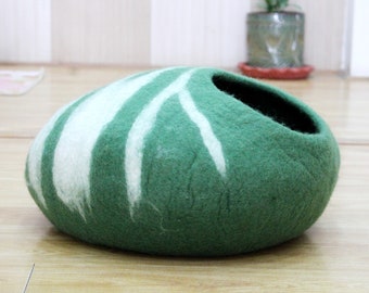 Green Wool Cat House - Felted Pet Furniture - Wool Kitty Bed - Small Dog Bed - Cat Nap Cocoon - Kitty Basket