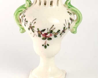 Vintage Miniature Italian Ceramic Vase – Hand-Painted Floral Design with Green Handles – Marked Italy- FREE SHIPPING!