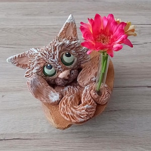 Figurine décorative de chat faite à la main, idée cadeau pour les amoureux des chats, vase à fleurs, fleurs séchées
