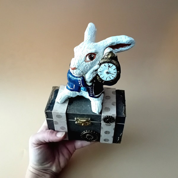 Wooden box handmade with white rabbit Alice in Wonderland