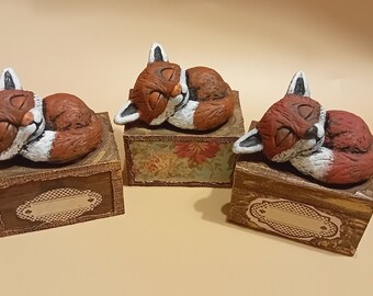 Gift box with cute sleeping red fox figure storage wooden box