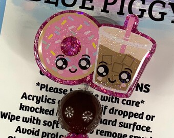 Donut & Iced Coffee Badge Reel - ID Holder - Permanent or Interchangeable - Option With or Without Beads - Nurse Gift - Teacher Gift