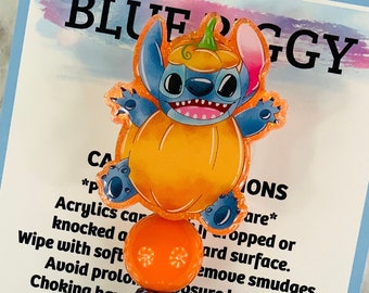 Stitch Pumpkin Badge Reel - ID Holder - Permanent or Interchangeable - Option With or Without Beads - Nurse Gift - Teacher Gift