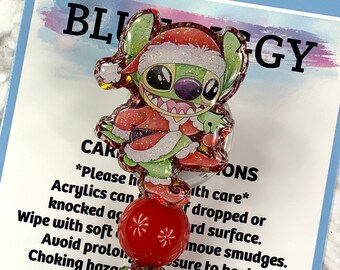 Stitch Christmas Badge Reel - ID Holder - Permanent or Interchangeable - Option With or Without Beads - Nurse Gift - Teacher Gift