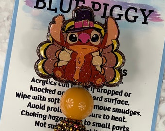 Stitch Thanksgiving Badge Reel - ID Holder - Permanent or Interchangeable - Option With or Without Beads - Nurse Gift - Teacher Gift
