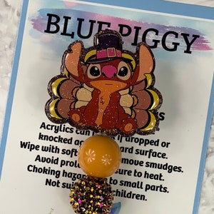 Stitch Thanksgiving Badge Reel - ID Holder - Permanent or Interchangeable - Option With or Without Beads - Nurse Gift - Teacher Gift