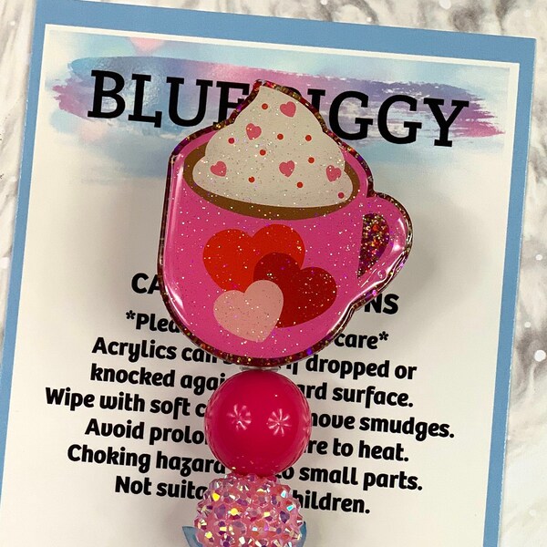 Hot Cocoa Hearts Badge Reel - ID Holder - Permanent or Interchangeable - Option With or Without Beads - Nurse Gift - Teacher Gift