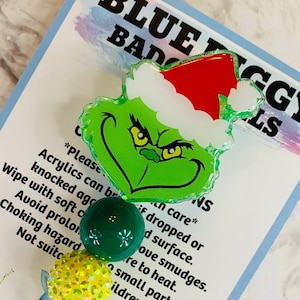 Grinch Badge Reel - ID Holder - Permanent or Interchangeable - Option With or Without Beads - Nurse Gift - Teacher Gift