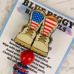 Military Boots Badge Reel - ID Holder - Permanent or Interchangeable - Option With or Without Beads - Nurse Gift - Teacher Gift