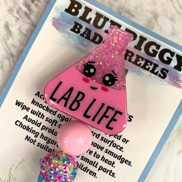 Lab Life Beaker Badge Reel - ID Holder - Permanent or Interchangeable - Option With or Without Beads - Nurse Gift - Teacher Gift