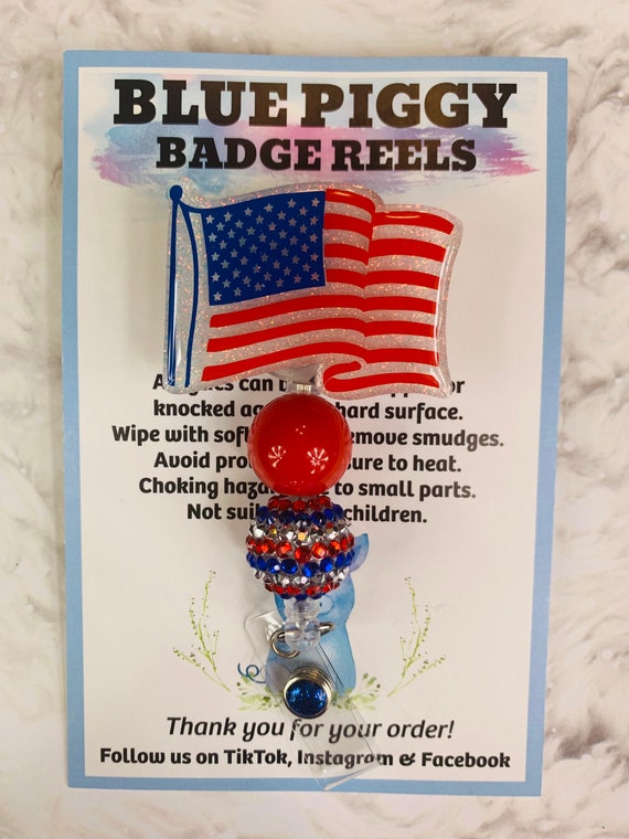 American Flag Badge Reel - ID Holder - Permanent or Interchangeable - Nurse Gift - Teacher Gift - Badge Reel with Beads