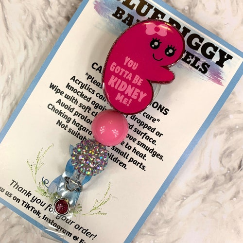Kidney Badge Reel - ID Holder - Permanent or Interchangeable - Option With or Without Beads - Nurse Gift - Teacher Gift