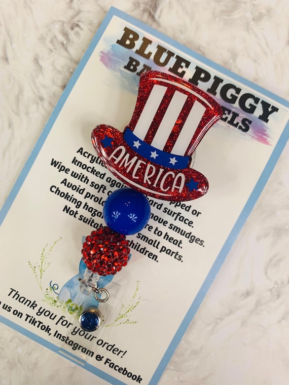 America Hat Badge Reel - ID Holder - Permanent or Interchangeable - Nurse Gift - Teacher Gift - Badge Reel with Beads