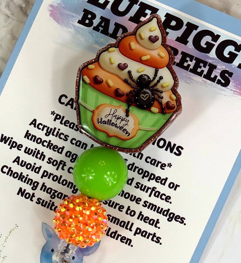 Cupcake Badge Reel ID Holder Permanent or Interchangeable Option With or Without Beads Nurse Gift Teacher Gift image 3