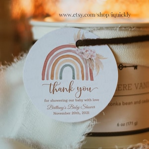 Etiquetas editáveis para chá de bebê Boho Rainbow EDITÁVEL, grama dos pampas Boho Etiquetas de agradecimento, etiquetas para presentes para impressão Download instantâneo RAI001