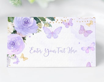 Mariposa editable Baby Shower Etiquetas de comida Mariposa púrpura Etiqueta de buffet Tarjeta de tienda Etiquetas de comida Tarjetas de lugar Tarjeta de mesa Plantilla imprimible BU102
