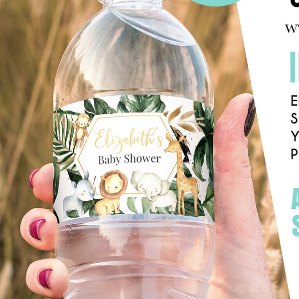 Safari Baby Shower Bottle Label, EDITABLE Boy Jungle animals Water bottle labels, Digital, A wild one Theme Instant download template