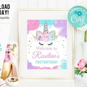 Unicorn Welcome sign, EDITABLE Unicorn Party Sign, Unicorn Birthday, Magical Unicorn Sign, Girl gold Template Digital Instant Download