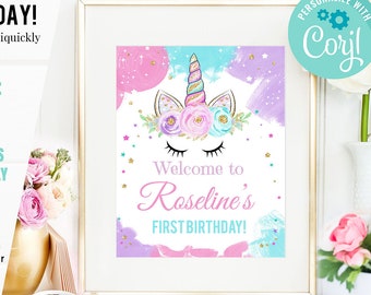Printable Welcome Sign Watercolor Flowers Unicorn Rainbow Theme DIGITAL FILES Birthday Party Door sign Personalized Signage 10-090