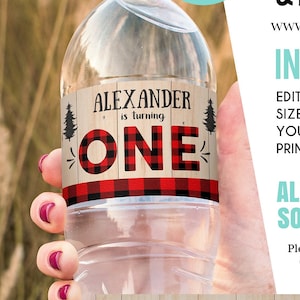 Editable Lumberjack Water Bottle labels, Buffalo Plaid Water labels, Wilderness Bear, Rustic Boy Birthday, Cub Template Instant Download