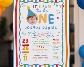 Fun to Be One Milestone Poster Board, One is Fun Party Hat Birthday Milestone Sign, Colorful Boy First Sign, Custom Photo 1st