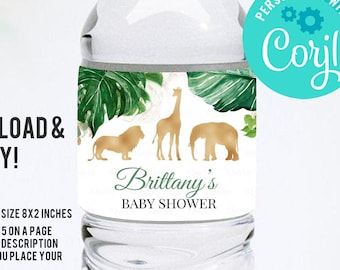 Editable Jungle gold Baby Shower Bottle label, Safari Shower Water bottle label, Wild one decor Template digital download corjl